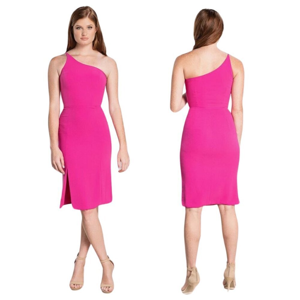 Dress The Population Asymmetrical Neckline Sheath Midi Dress in Fuschia